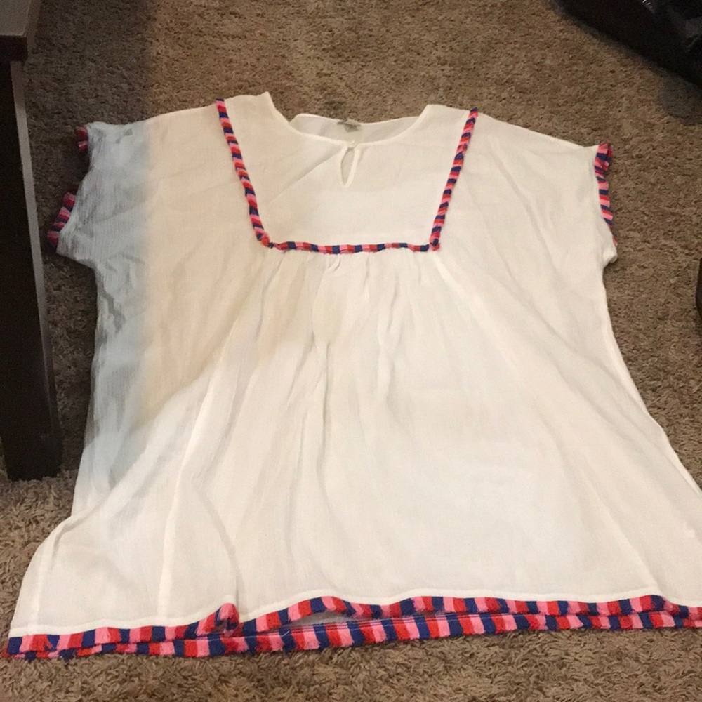 JCrew white coverup with colorful fringe detail